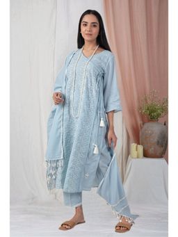 Zuri - Sky Blue Embroidered Cotton Angrakha With Matching Pant And Dupatta