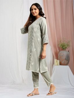 Zuri - Olive Green Embroidered Cotton Kurta with Lace Pant - Set of 2