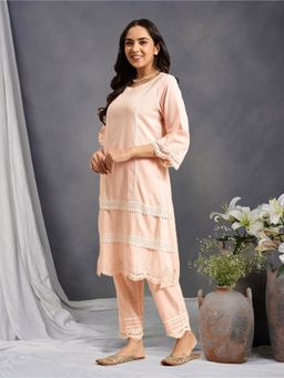 Zuri - Peach Lace Scalloped Cotton Kurta with Lace Pant - Set of 2