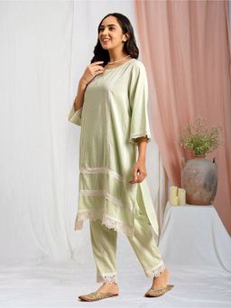 Zuri - Pista Green Lace Scalloped Cotton Kurta with Lace Pant - Set of 2