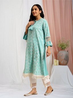 Zuri - Firozi Embroidered Cotton Kurta with Lace Pant - Set of 2
