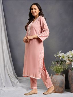 Zuri - Salmon Embroidered Cotton Kurta with Pintuck Pant - Set of 2
