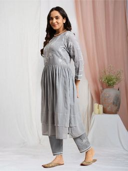 Zuri - Grey Embroidered Cotton Kurta with Embroidered Pant - Set of 2