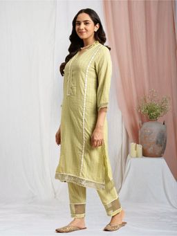 Zuri - Lemon Embroidered Cotton Dobby Kurta with Lace Pant - Set of 2