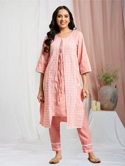 Zuri - Pink Long Panel Embroidered Cotton Kurta with Embroidered Pant - Set of 2