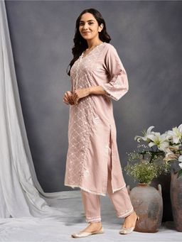 Zuri - Taupe Embroidered Cotton Kurta with Embroidered Pant - Set of 2