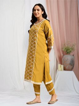 Zuri - Mustard Embroidered Cotton Kurta with Lace Pant - Set of 2