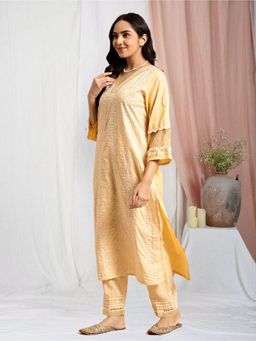 Zuri - Yellow Embroidered Cotton Kurta with Embroidered Pant - Set of 2