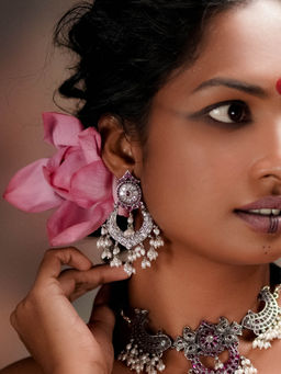 Divas Mantra - Crescent Rise Chandbalis Earrings with Pink CZ Stones, CZ Stones and Pearls