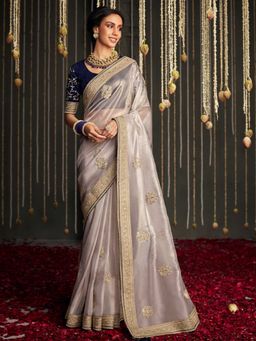 Odette - Silver Silk Woven Design Saree with Unstitched Blouse