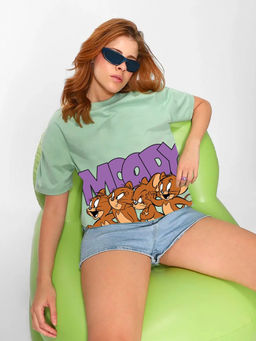 Bewakoof - Women's Green Moody Jerry Graphic Printed Oversized T-shirt