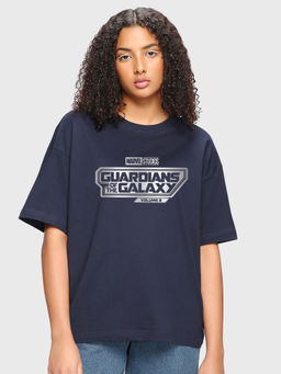 Bewakoof - Official Marvel Women's Blue GOTG Logo Graphic Printed Oversized T-shirt