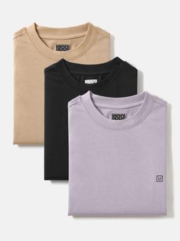 Urbano Fashion - Men's Ginger Brown, Jet Black, Lilac Bloom Solid Cotton T-Shirt (Pack of 3)