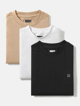 Urbano Fashion - Men's Ginger Brown, White, Jet Black Solid Cotton T-Shirt (Pack of 3)