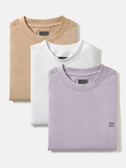 Urbano Fashion - Men's Ginger Brown, White, Lilac Bloom Solid Cotton T-Shirt (Pack of 3)