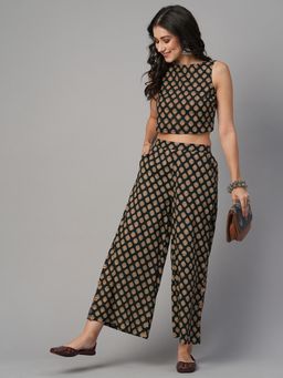 Globus - Women Black Ethnic Print Mid-Rise Co-Ord (Set of 2)