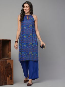 Globus - Women Blue Keyhole Neck Printed Straight Kurta and Pant (Set of 2)