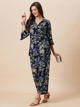 Globus - Women Blue Notch Lapel Floral Print Mid-Rise Wide Leg Co-Ord (Set of 3)