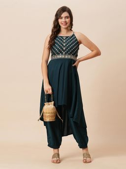 Globus - Women Teal Embroidered A-Line Kurta and Salwar (Set of 2)