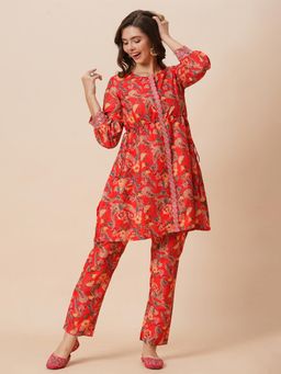 Globus - Women Red Round Neck Floral Print Mid-Rise Leg Co-Ord (Set of 2)