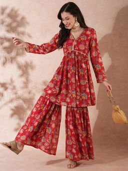 Globus - Women Maroon V-Neck Floral Print Kurta with Sharara (Set of 2)