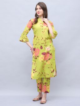 Rajnandini - Women's Parrot Green Cotton Floral Printed Kurta & Pant (Set of 2)
