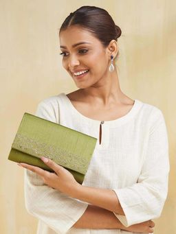 Fabindia - Women Olive Silk Blend Clutch with Detachable Chain (M)