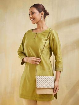 Fabindia - Women Beige Silk Blend Embroidered Sling Bag (M)