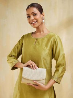 Fabindia - Women Gold Silk Blend Embellished Clutch (M)
