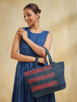 Fabindia - Women Blue and Red Jute Tote Bag with Detachable Strap