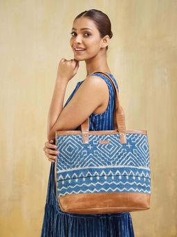Fabindia - Women Blue Cotton Printed Tote Bag