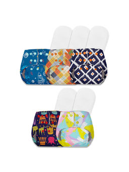 BASIC - Pack Of 5 Reusable Freesize Cloth Diapers For Baby 0-3 Yrs With 5 Inserts