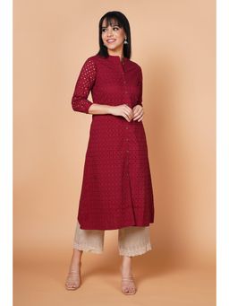 Barara Ethnic - Deep Wine Schiffli Design A-line Solid Kurta