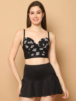 Cukoo - Padded Floral Skirtini Swimsuit Black (Set of 2)