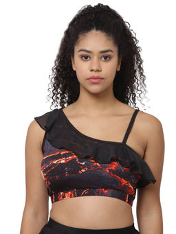 Cukoo - Padded Black Printed Frill Swim Top