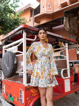 MARCHE - Honey Dew Floral Printed Cotton White Mini Dress