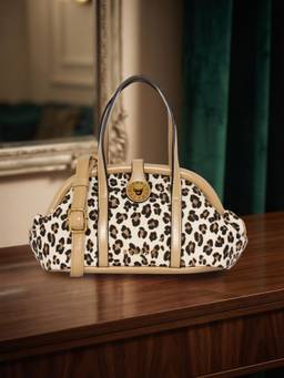 ESBEDA - Beige Leopard Print Dome Handbag with Detachable Strap