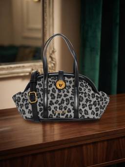 ESBEDA - Black Leopard Print Dome Handbag with Detachable Strap