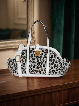 ESBEDA - White Leopard Print Dome Handbag with Detachable Strap
