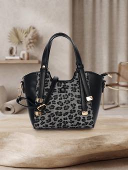 ESBEDA - Black Two-Tone Leopard Pattern Handbag with Detachable Strap