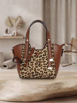 ESBEDA - Tan Two-Tone Leopard Pattern Handbag with Detachable Strap