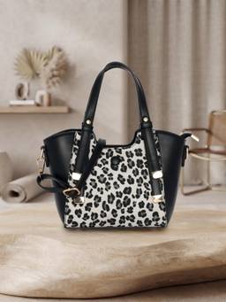 ESBEDA - White Two-Tone Leopard Pattern Handbag with Detachable Strap