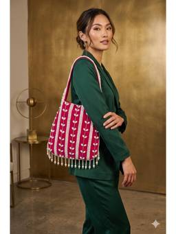 Fabbhue - Women's Fuchsia Pearl Embellished Handcrafted Potli Bag
