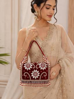 Fabbhue - Women's Maroon Hand Embellished Box Clutch
