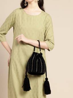 Fabbhue - Women's Black Handcrafted Embellished Potli Bag