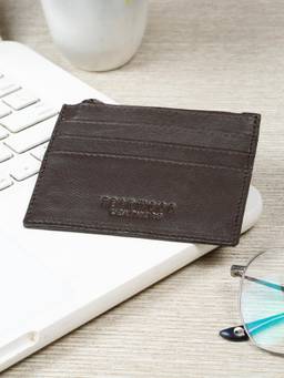 Teakwood - Men's Brown Slim Leather Card Holder with Zipper Pocket