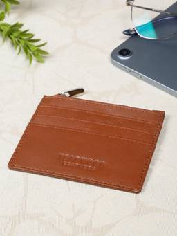 Teakwood - Men's Tan Slim Leather Card Holder with Zipper Pocket