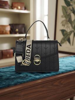 ESBEDA - Black Color Arrow-Stitch Medium Satchel with Detachable Strap