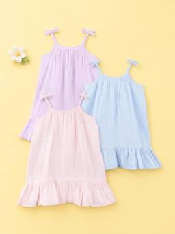 Kidbea - Girls Multi-Color Cotton Tie-Up Straps Casual Dress