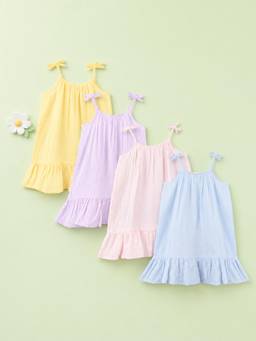 Kidbea - Girls Multi-Color Cotton Tie-Up Straps Casual Dress